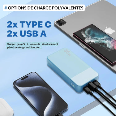 Batterie externe 35W avec 2 ports Type-C et 2 ports USB-A pour charger jusqu'à 4 appareils simultanément. Design multifonction idéal pour smartphones, tablettes et ordinateurs portables.